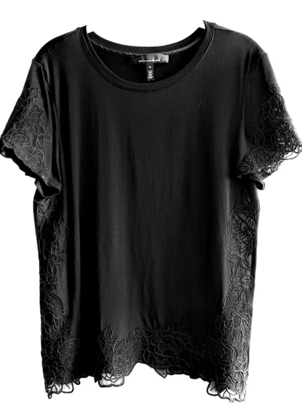 WHBM Short Sleeve Tee Lace Detailing Top Black Size M